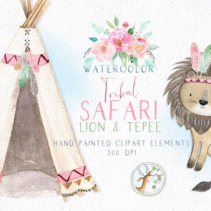 Watercolor Safari Clipart, Tribal Animals Clipart, Woodland Clipart, Jungle Animals Clipart, Lioness Clipart, Lion Clipart, Tepee Clipart