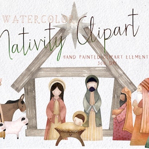 Kerststal clipart, heilige familie clipart, religieuze clipart, baby Jezus Mary Joseph clipart, aquarel kerststal clipart, kerststal clip ART