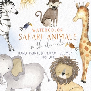 Watercolor Safari Clipart, Watercolor Jungle Clipart, Safari Animals Clipart, Jungle Animals Clipart, Nursery Art  Decor, Watercolor Clipart