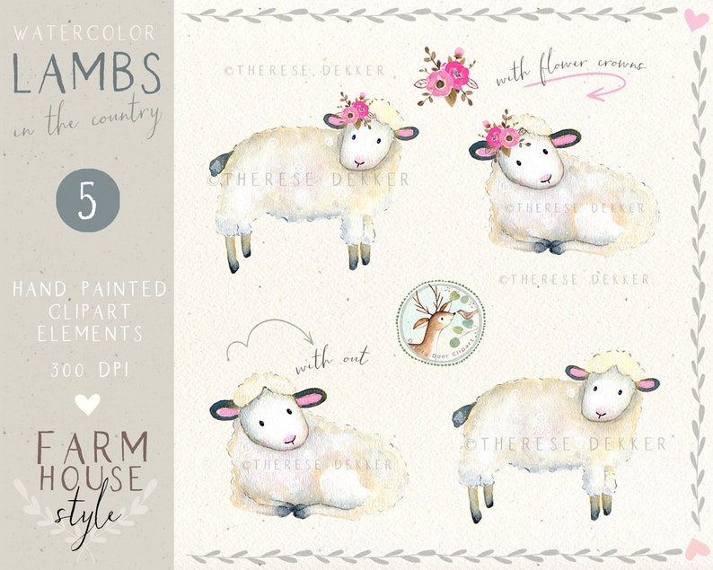 May include: Five watercolour illustrations of lambs with and without flower crowns. The lambs are white with pink accents and are in a farmhouse style. The text "WATERCOLOR LAMBS in the country" and "5" are visible in the image.