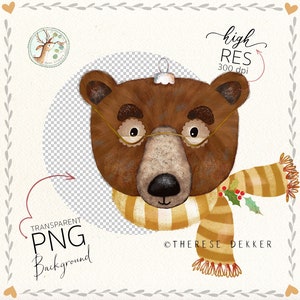 Peut inclure: Un ours brun portant des lunettes rondes et une &eacute;charpe ray&eacute;e jaune et marron avec des baies de houx. L'ours est un ornement de No&euml;l.