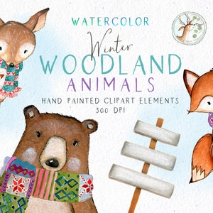 Imágenes Prediseñadas de Navidad, imágenes prediseñadas de invierno, animales del bosque de Navidad, imágenes prediseñadas de bosques de invierno, imágenes prediseñadas de animales del bosque, acuarela vacaciones Digital
