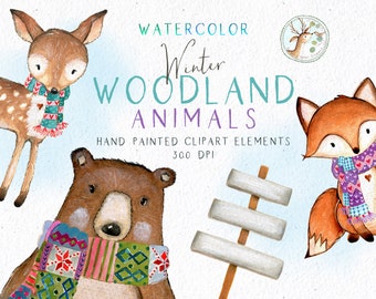 Kerst Clipart, Winter Clipart, Christmas Woodland Animal, Winter Woodlands Clipart, Woodland Animals Clipart, Aquarel Holiday Digital