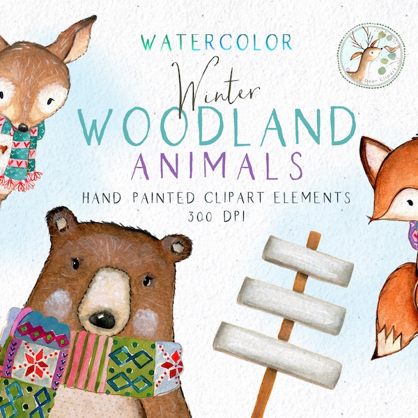 Christmas Clipart, Winter Clipart, Christmas Woodland Animal, Winter Woodlands Clipart, Woodland Animals Clipart, Watercolor Holiday Digital