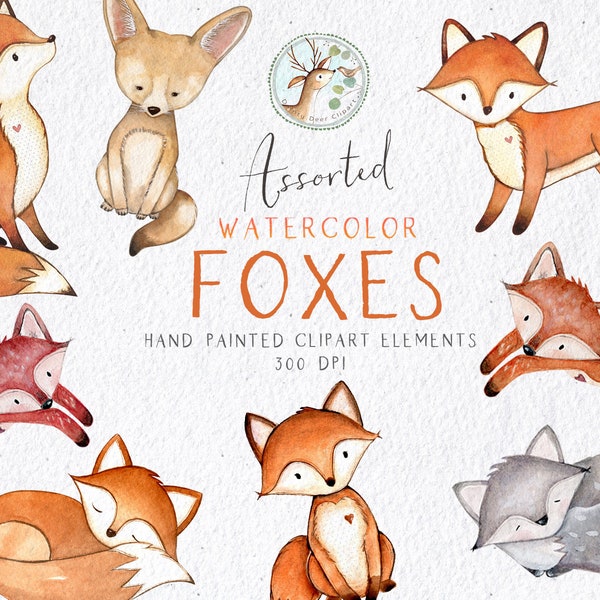 Watercolor FOXES, Woodland Animals Clipart, Watercolor Forest Animals Clip Art, Fox, Nursery Wall Art, Baby Shower Gift, Fox Invitation