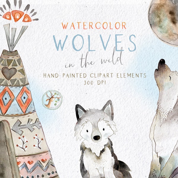 Watercolor Wolf Clipart, Watercolor Wolves Clip Art, Woodland Clipart, Forest Animals Clip Art, Tepee Clipart, Boho Clipart, Woodland Tribe