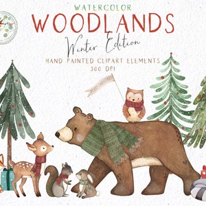 Weihnachtscliparts, Winter Woodlands Clipart, Weihnachten Waldtier, Waldtiere Clipart, Aquarell Urlaub Digital, Aquarell Art