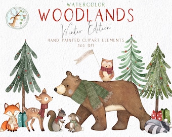 Weihnachten Clipart, Winter Wald Clipart, Weihnachten Waldtier, Waldtiere Clipart, Aquarell Urlaub Digital, Aquarell Kunst