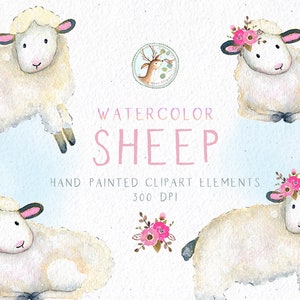 May include: Watercolour clipart elements of four white sheep with pink accents. Two sheep are lying down, one is standing, and one is sitting. The sheep have pink flowers on their heads. The text "WATERCOLOR SHEEP" and "HAND PAINTED CLIPART ELEMENTS 300 DPI" is included in the image.