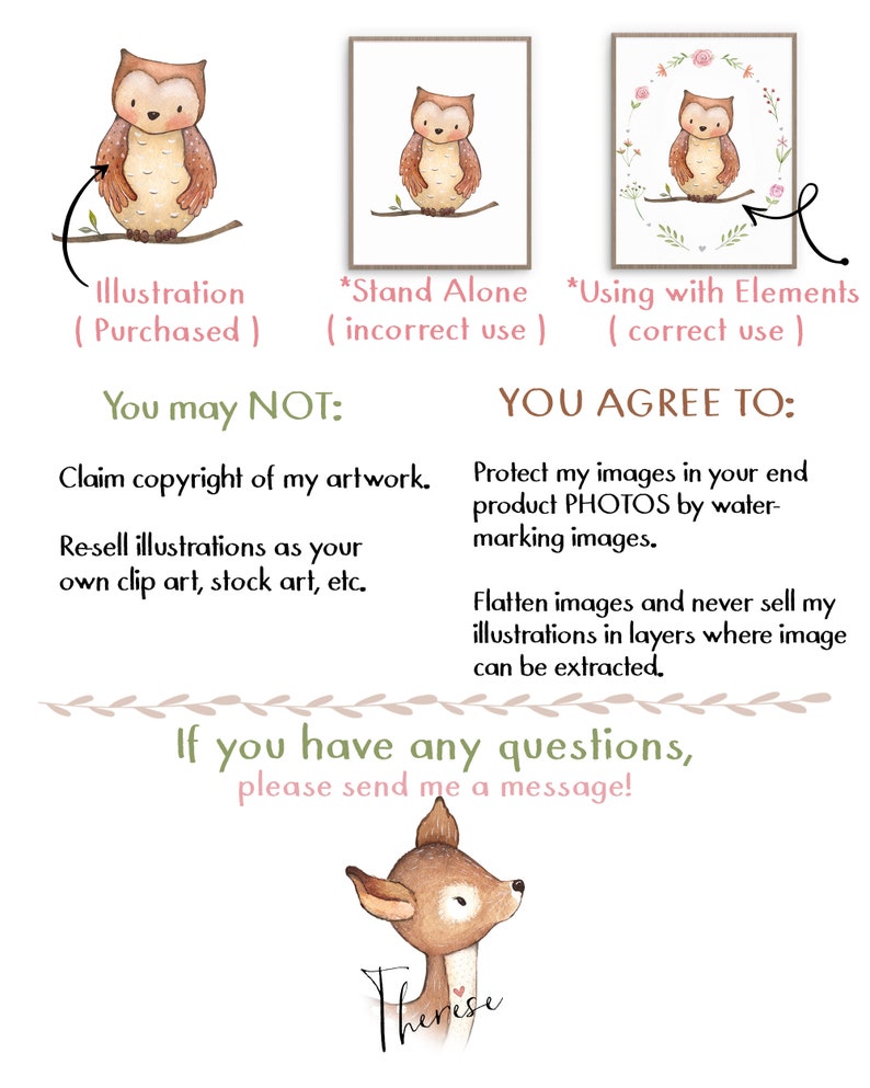 Peut inclure: Une illustration num&eacute;rique d'un hibou aux plumes brunes et blanches assis sur une branche. L'illustration est entour&eacute;e de texte qui d&eacute;crit les conditions d'utilisation de l'image. Le texte comprend les mots "Vous ne pouvez PAS" et "VOUS ACCEPTEZ".