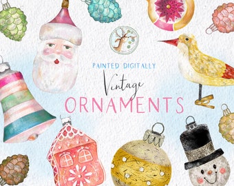 Vintage Ornements Clipart, Clipart Ornements Aquarelle, Bonhomme de neige vintage, Père Noël vintage, Ornement de cloche de mercure, Ornement de pain d'épice, Cloche