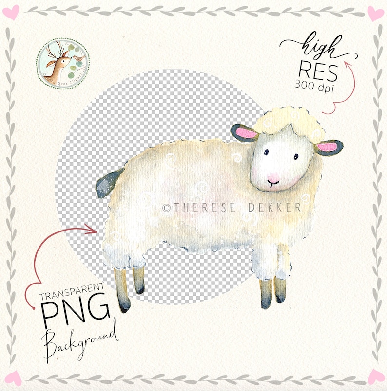 May include: A watercolour illustration of a white sheep with a pink nose and ears. The sheep is standing on a transparent background.