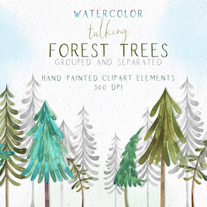 Clipart di alberi dell'acquerello, alberi di pino, abeti rossi, abeti, alberi della foresta invernale, ClipArt di paesaggio, clipart della foresta invernale