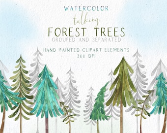 Watercolor Trees Clipart, Pine Trees, Spruce Trees, Fir Trees, Winter Forest Trees, Landscape Clip Art, Winter Forest Clip Art