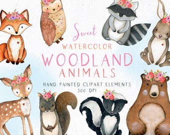 Woodland Animals Clipart, Woodland Clip Art, Watercolor Woodland Clipart, Forest Animals Clipart, Fox, Deer, Bear, Raccoon, Owl Clipart