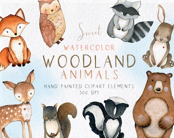 Woodland Animals Clipart, Watercolor Woodlands Clipart, Watercolor Fox Bear Deer Owl Bunny Skunk Raccoon Squirrel, Nursery Wall Art