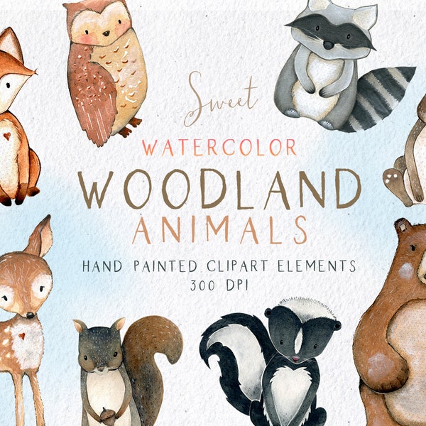 Clipart animaux des bois, aquarelle des cliparts Woodlands, aquarelle renard ours cerf hibou lapin mouffette raton laveur écureuil, art mural chambre d'enfant