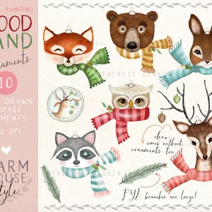Peut inclure: Dix illustrations &agrave; l'aquarelle d'animaux de la for&ecirc;t portant des &eacute;charpes, parfaites pour les d&eacute;corations de No&euml;l. Les animaux comprennent un renard, un ours, un lapin, un hibou, un raton laveur et un cerf. Le texte "deer comes without ornaments too!" est inclus dans l'image.