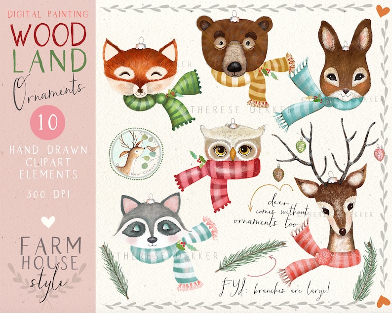 Peut inclure: Dix illustrations &agrave; l'aquarelle d'animaux de la for&ecirc;t portant des &eacute;charpes, parfaites pour les d&eacute;corations de No&euml;l. Les animaux comprennent un renard, un ours, un lapin, un hibou, un raton laveur et un cerf. Le texte "deer comes without ornaments too!" est inclus dans l'image.