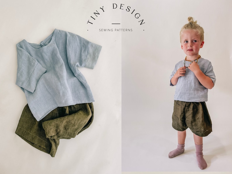 May include: A light blue linen shirt and olive green linen shorts for a child. The shirt has a round neckline and short sleeves. The shorts have an elastic waistband. The clothing is laid out flat on a white background. The text "TINY DESIGN SEWING PATTERNS" is visible at the top of the image.