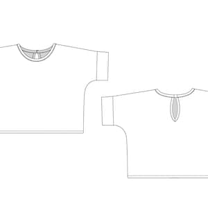 May include: A white, short-sleeved, loose-fitting top with a round neckline and a keyhole opening in the back.