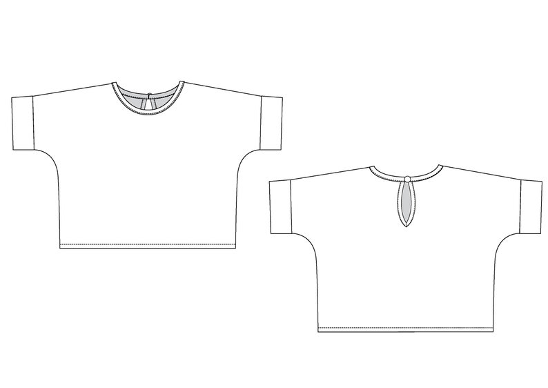 May include: A white, short-sleeved, loose-fitting top with a round neckline and a keyhole opening in the back.