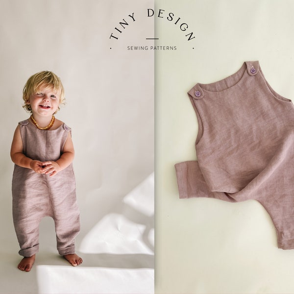 Cartamodello pdf EASY Pinafore Jumpsuit / Tuta per neonato in lino / Pagliaccetto per bambina/tuta per bambini corta o lunga / Harem / Neonato fino a 12 anni