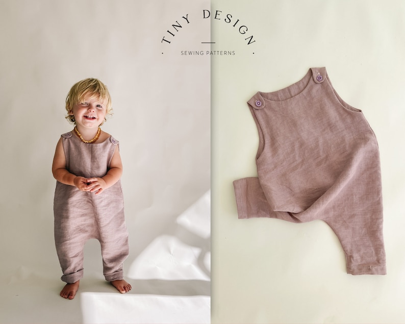 EASY Pinafore Jumpsuit pdf sewing pattern / Linen Baby Jumpsuit / Baby boy girl romper/kids jumpsuit short or long / Harem / Newborn to 12 image 1