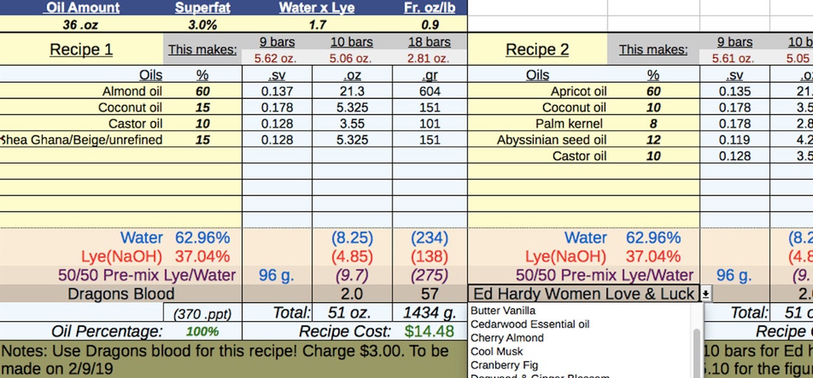 Soap & Lye Calculator Spreadsheet Etsy