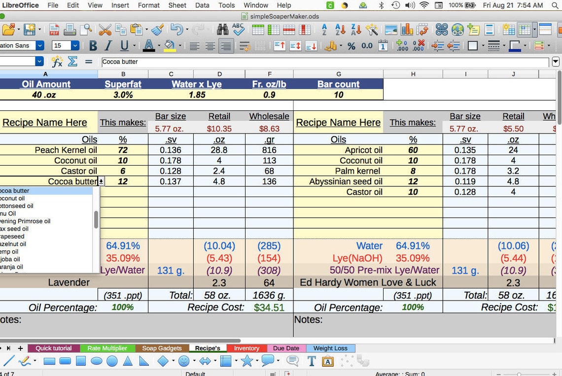 Soap & Lye Calculator Spreadsheet Etsy UK