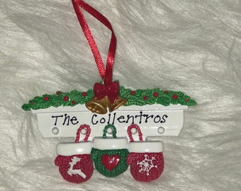 Personalized Family Christmas Ornament: Mittens, Name, Year