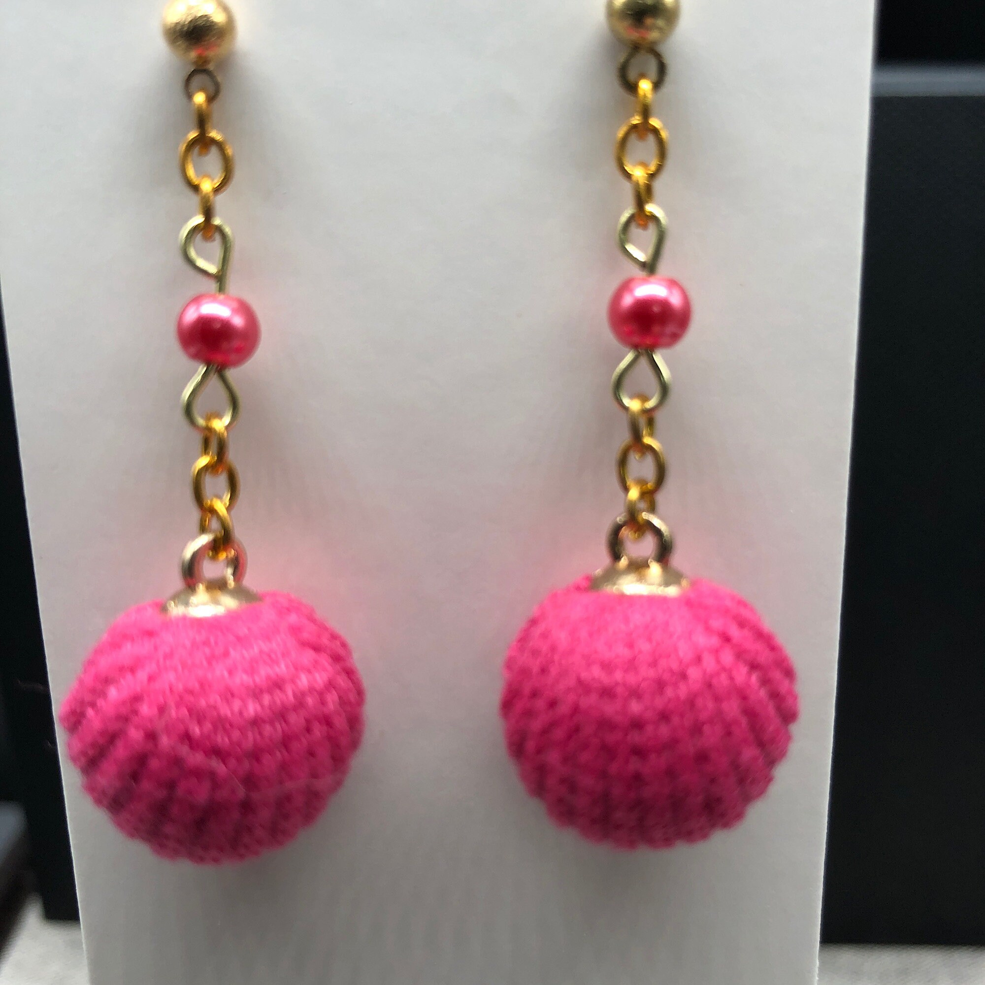 Dangle Earrings With Colored Pom Poms and Matching Bead. Etsy UK