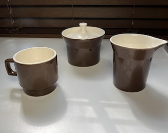 MCM 1960'S Brown & White/Cream  Sugar Set Plus Coffee Cup