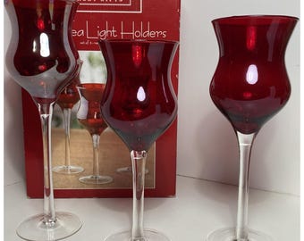 Set Of 3 VTGRed Luster Tea Light Votives Stemmed Wine Glass Style Decor