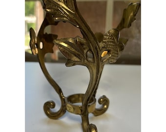 Vtg Brass Plant Stand Orb Display Bowl Holder Acorn And Oak  Leaf Regency 6" H