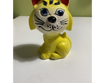 VTG Rare Piggy Bank Kitty Cat Ceramic Yellow Black Production Error nostalgic