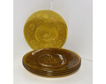 VTG 70's Traia Indiana Glass Plates 9" USA Amber Sandwich Pattern Luncheon Set 4