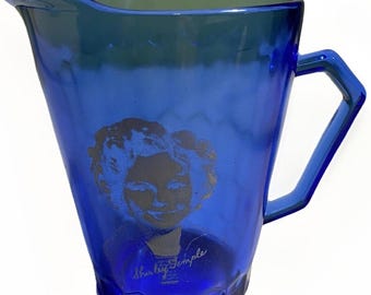 Jarra antigua Shirley Temple de la década de 1930, de cristal Hazel Atlas Depression Glass, color azul cobalto.