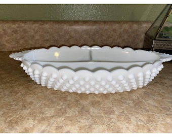Vintage Fenton Hobnail White Milk Glass Divided Relish Serving Dish Oval