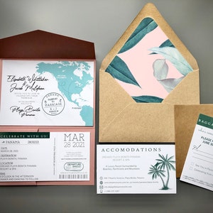 Destination Wedding Invitation Suite RSVP Boarding Pass Travel Tropical Dusty Rose Pink Green Save the Date image 5