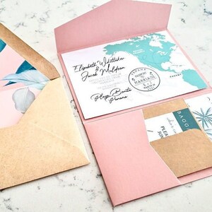 Destination Wedding Invitation Suite RSVP Boarding Pass Travel Tropical Dusty Rose Pink Green Save the Date image 1