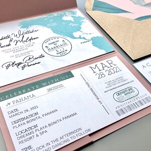 Destination Wedding Invitation Suite RSVP Boarding Pass Travel Tropical Dusty Rose Pink Green Save the Date image 2