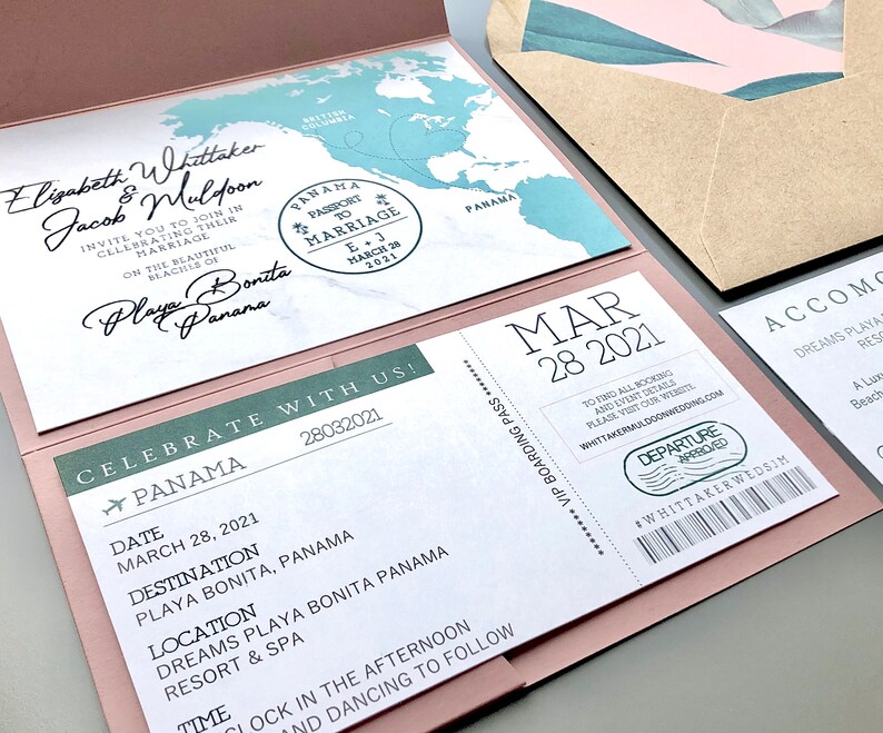 Destination Wedding Invitation Suite RSVP Boarding Pass Travel Tropical Dusty Rose Pink Green Save the Date image 2