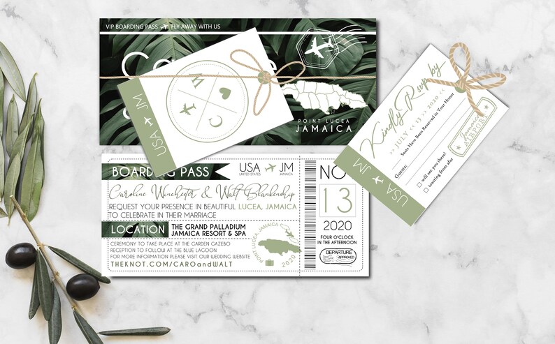 Destination Wedding Invitation and RSVP Boarding Pass Luggage Tag RSVP Save the Date Jamaica Wedding Green Custom image 5