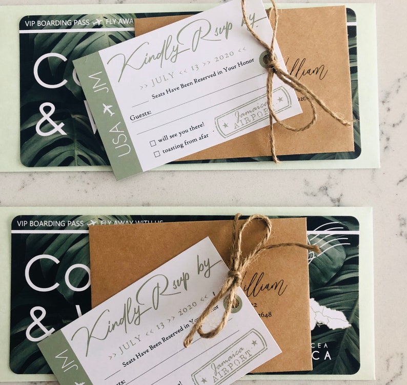 Destination Wedding Invitation and RSVP Boarding Pass Luggage Tag RSVP Save the Date Jamaica Wedding Green Custom image 3