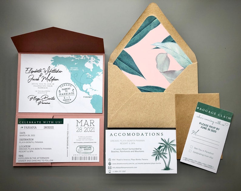 Destination Wedding Invitation Suite RSVP Boarding Pass Travel Tropical Dusty Rose Pink Green Save the Date image 5