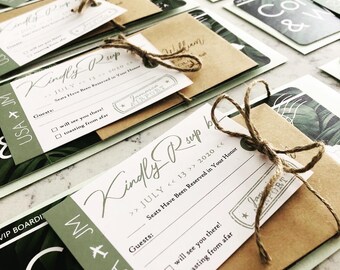 Destination Wedding Invitation and RSVP | Boarding Pass | Luggage Tag RSVP | Save the Date | Jamaica Wedding | Green | Custom |