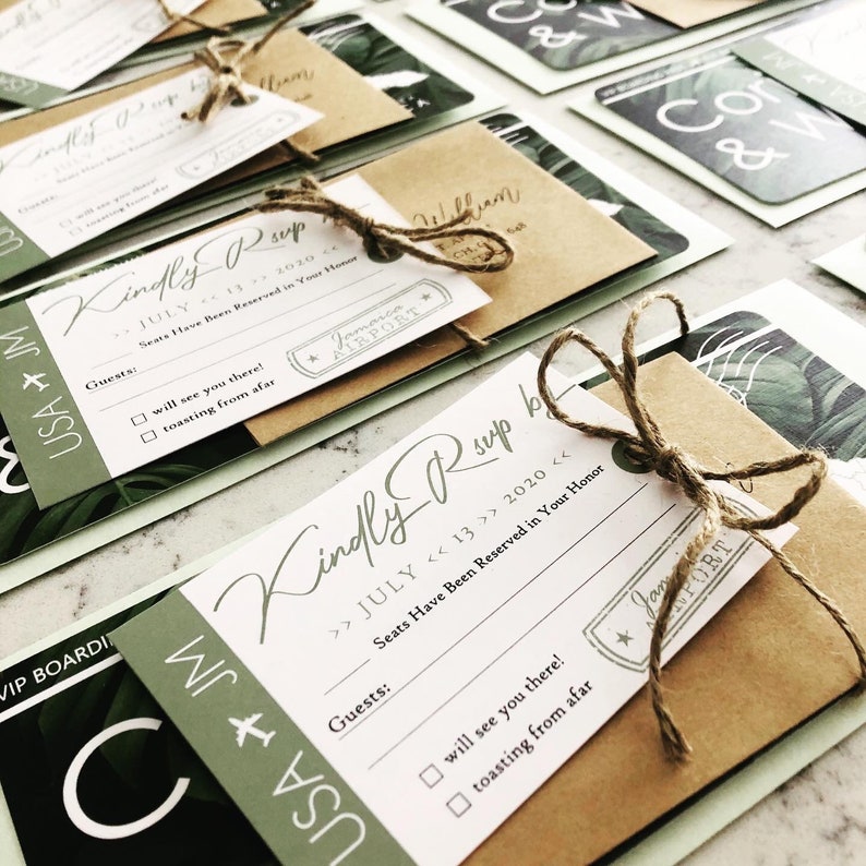 Destination Wedding Invitation and RSVP Boarding Pass Luggage Tag RSVP Save the Date Jamaica Wedding Green Custom image 1