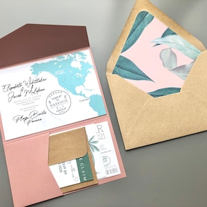 Destination Wedding Invitation Suite RSVP Boarding Pass Travel Tropical Dusty Rose Pink Green Save the Date image 7