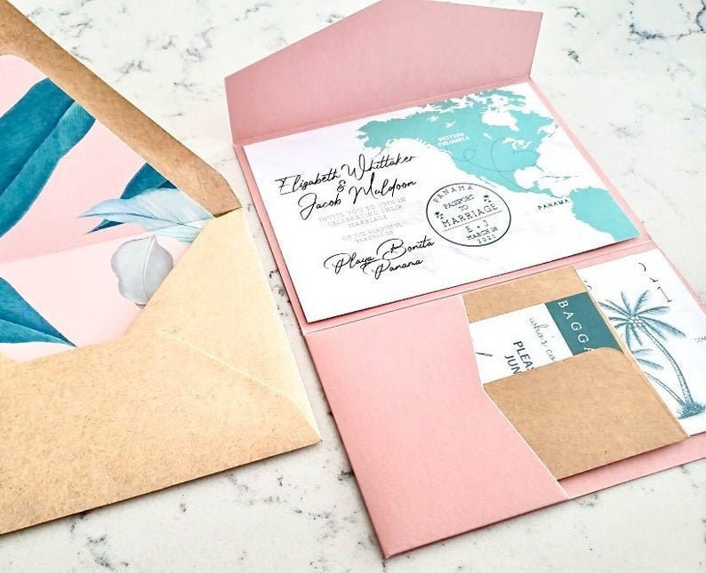 Destination Wedding Invitation Suite RSVP Boarding Pass Travel Tropical Dusty Rose Pink Green Save the Date image 1